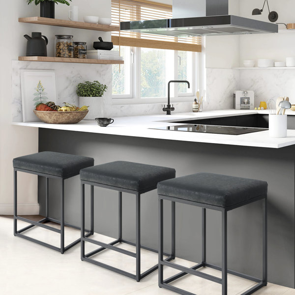 Hokku Designs Romigh Upholstered Counter Stool with Metal Frame Set of 3 Bar Stools